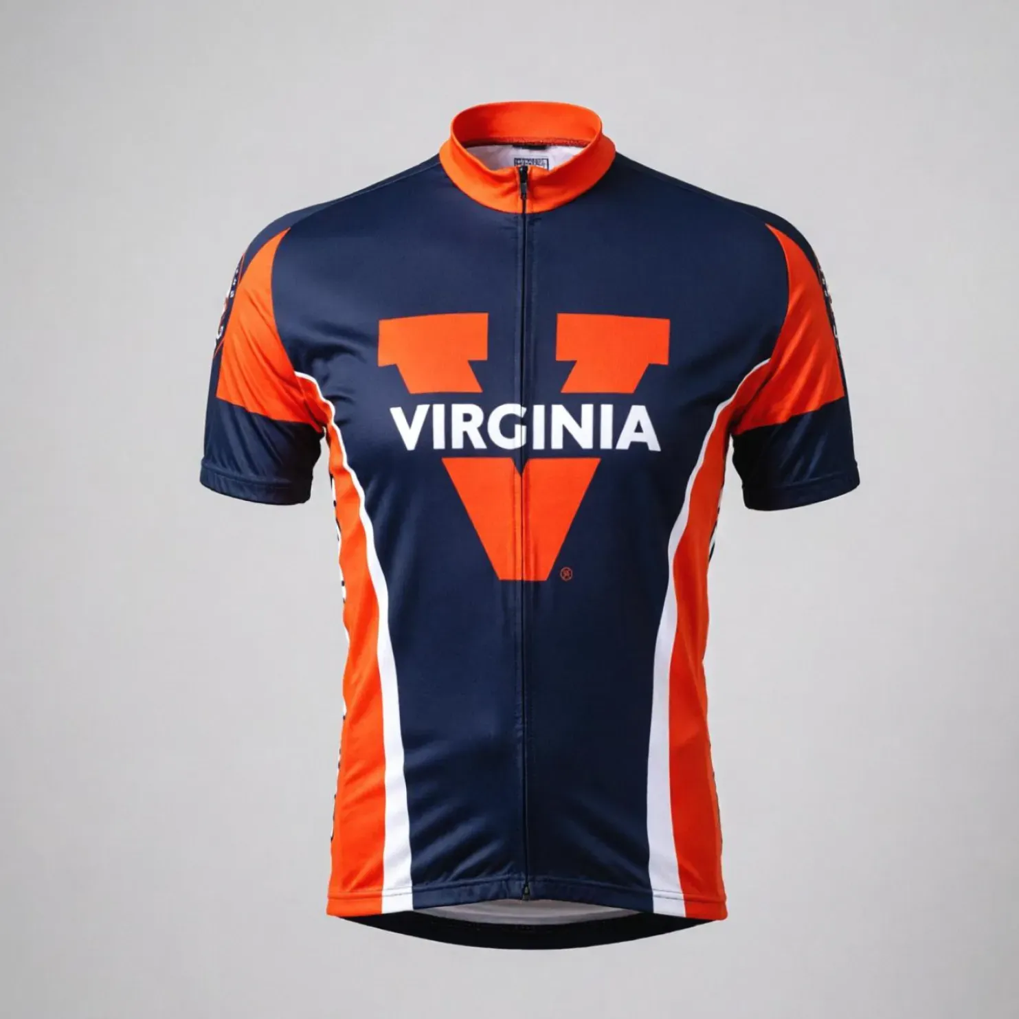 Virginia College Cycling Jersey Short Sleeve Race Shirt Men Navy Orange V Logo Team